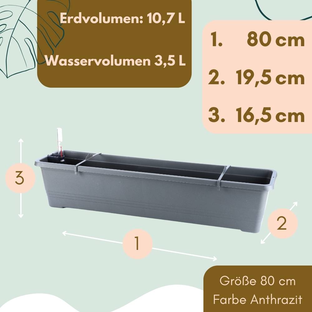 Blumenkasten Fensterbank Außen Blumenkasten Balkongeländer Balkonkasten mit Wasserspeicher Metall Halterung Pflanzkasten Outdoor 80 cm anthrazit