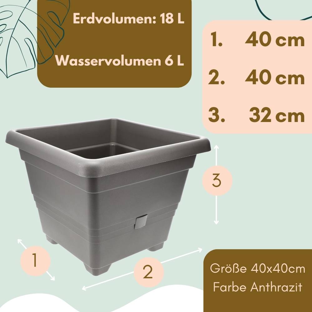 Pflanzkübel Rechteckig Pflanzkübel Groß Außen Blumenkübel Outdoor Pflanztopf Pflanzkasten Blumentopf Wasserspeicher 40x40 cm anthrazit