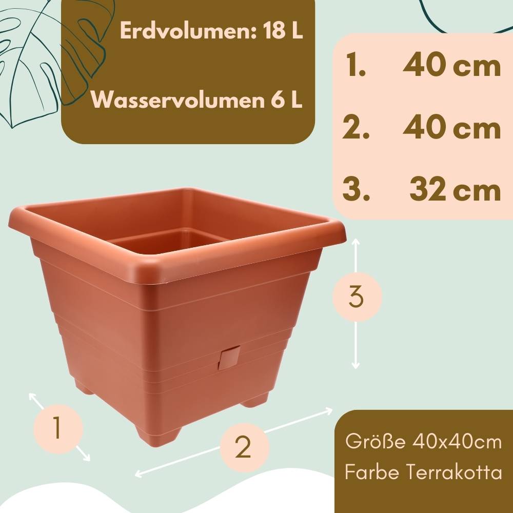 Pflanzkübel Rechteckig Pflanzkübel Groß Außen Blumenkübel Outdoor Pflanztopf Pflanzkasten Blumentopf Wasserspeicher 40x40 cm terrakotta
