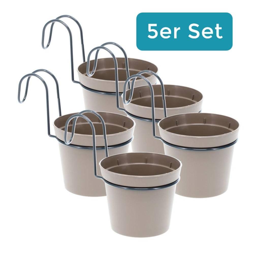 5 x Hängetopf Blumentopf Pflanztopf Set mit Halterung Metall Wandhalterung Haken Aufhängung innen außen Pflanzenhänger Kunststoff