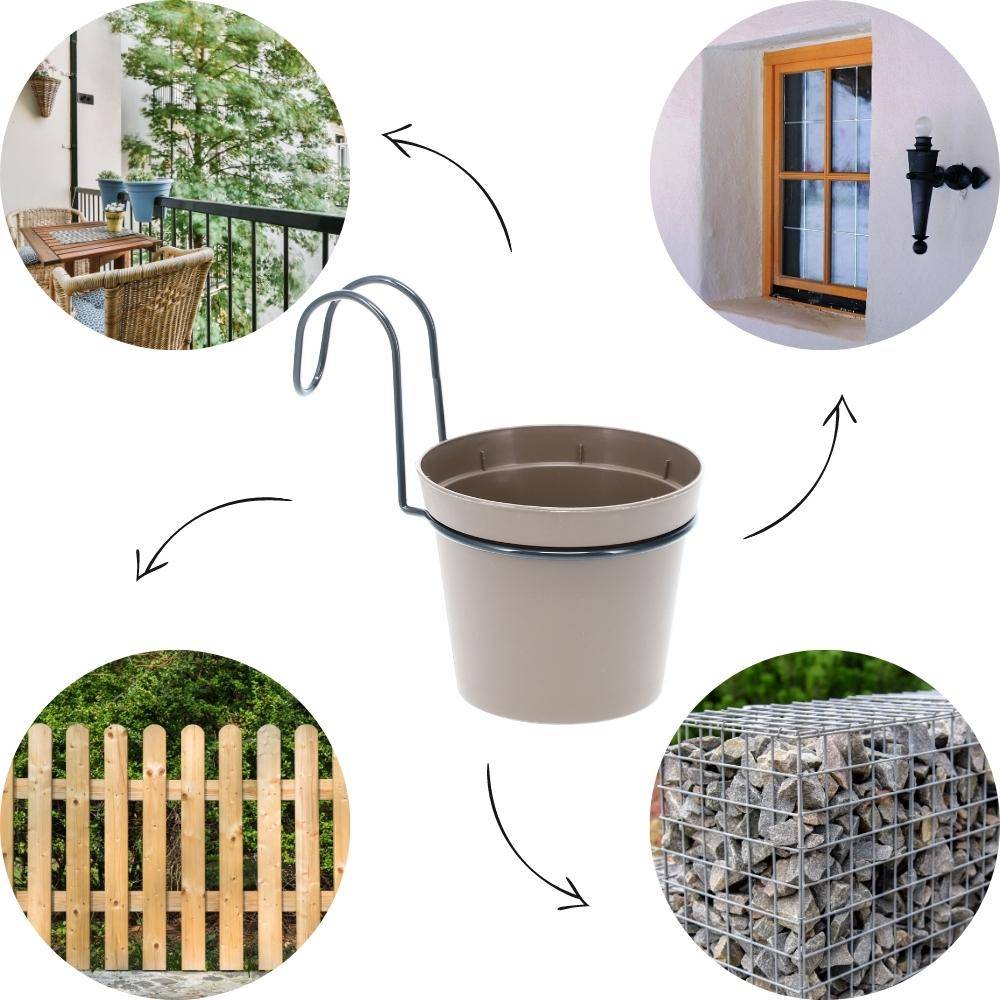 4 x Hängetopf Blumentopf Pflanztopf Set mit Halterung Metall Wandhalterung Haken Aufhängung innen außen Pflanzenhänger Kunststoff