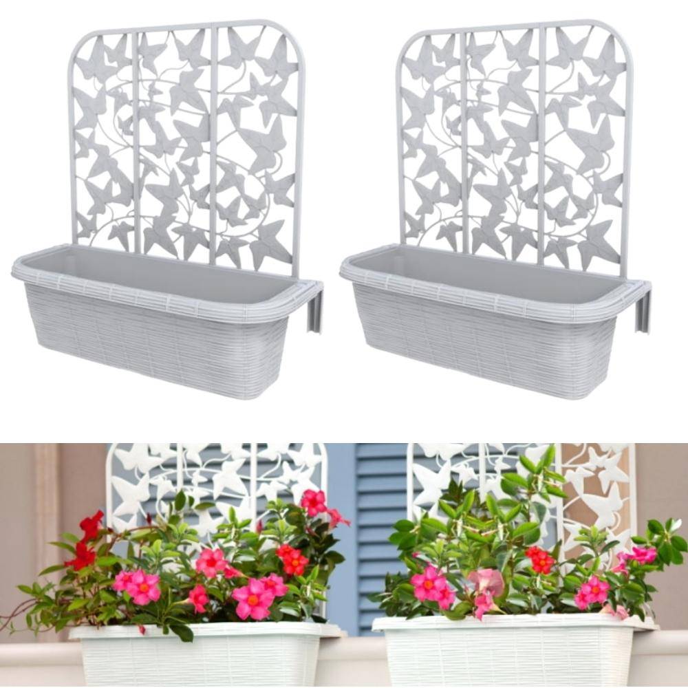 2x Balkonkasten mit Spalier für Kletterpflanzen Blumenkasten Geländerkasten 60 Rattan Optik Balkon Geländer Kasten Halterung Wasserspeicher Weiß
