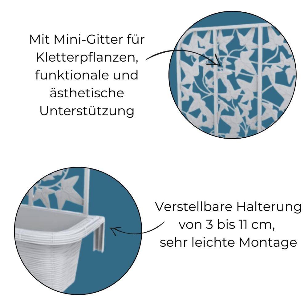 2x Balkonkasten mit Spalier für Kletterpflanzen Blumenkasten Geländerkasten 60 Rattan Optik Balkon Geländer Kasten Halterung Wasserspeicher Weiß