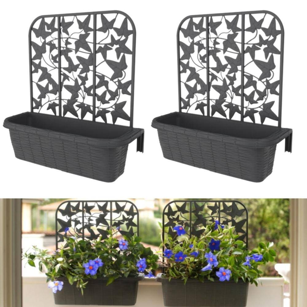 2x Balkonkasten mit Spalier für Kletterpflanzen Blumenkasten Geländerkasten 60 Rattan Optik Balkon Geländer Kasten Halterung Wasserspeicher Anthraz