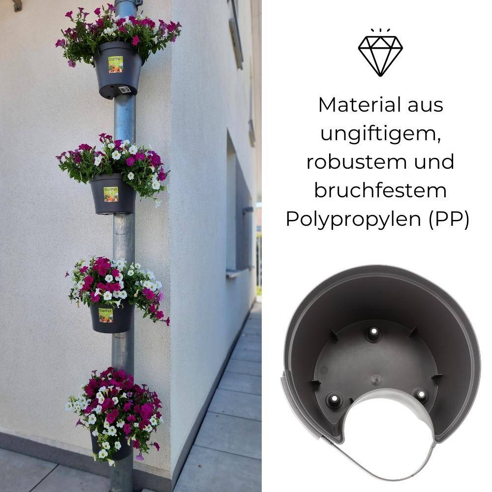 Blumentopf für Regenrohr Regenrinne Fallrohr Säule Pfosten Abflussrohr Hängetopf Pflanztopf Pflanzgefäß Grau