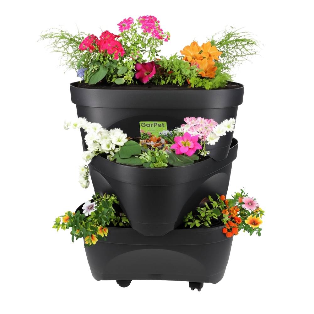 Erdbeertopf Pflanzturm Blumentopf Hoch Pflanzsäule Kräutertopf Balkon Pflanzkübel Anthrazit Kräuterturm Pflanztopf Outdoor Säulentopf SET 3 Ebene