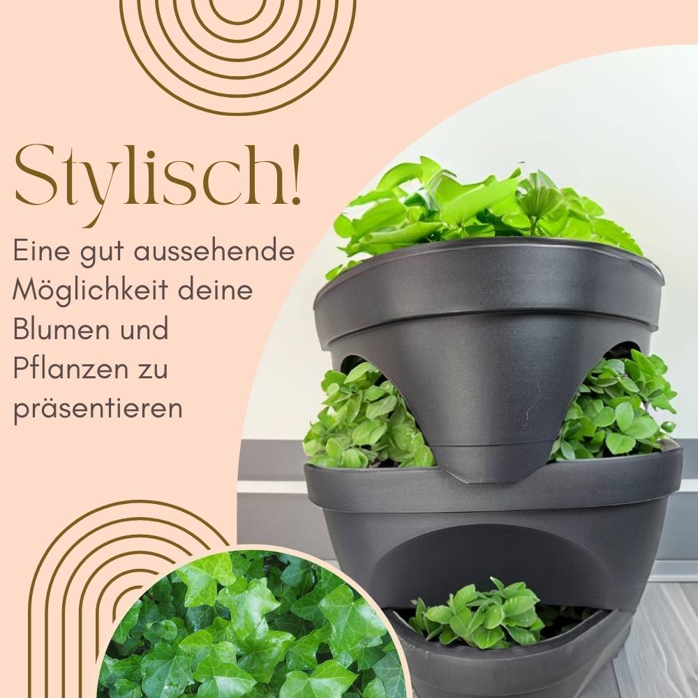 Erdbeertopf Pflanzturm Blumentopf Hoch Pflanzsäule Kräutertopf Balkon Pflanzkübel Anthrazit Kräuterturm Pflanztopf Outdoor Säulentopf SET 3 Ebene