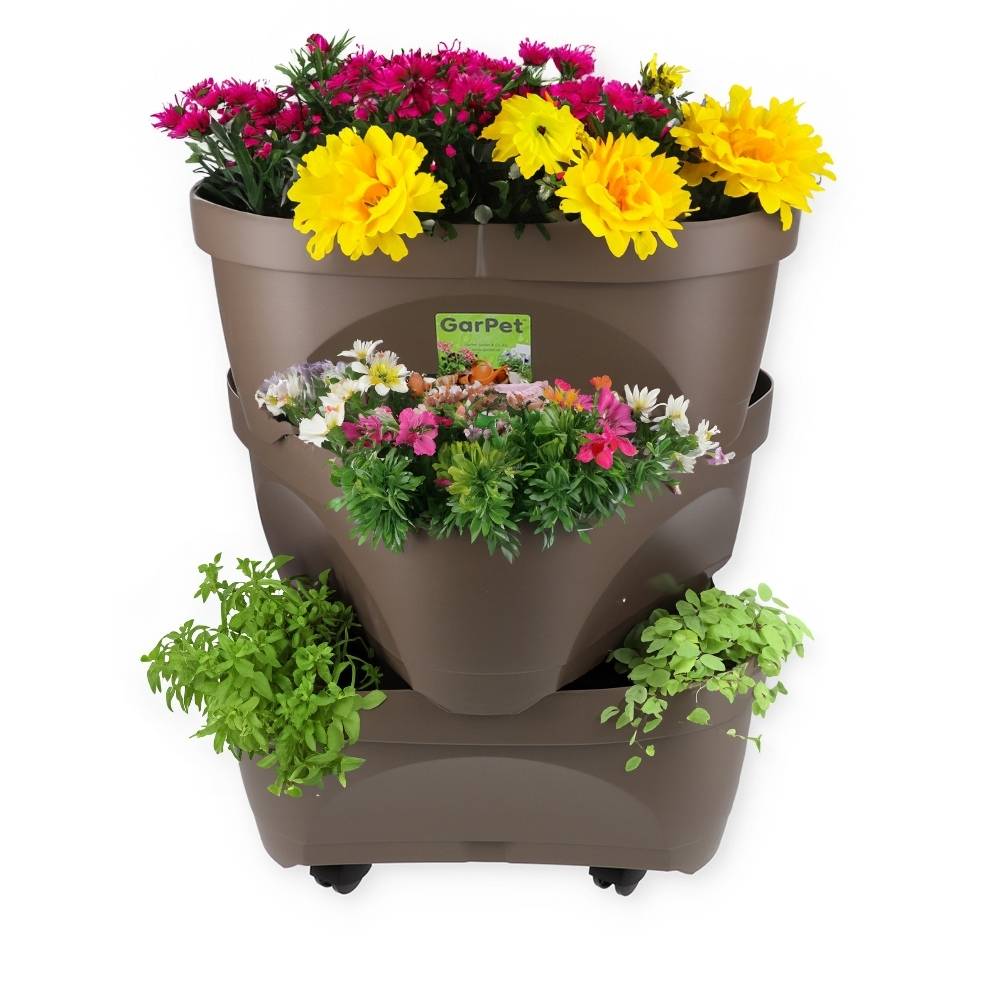 Erdbeertopf Pflanzturm Blumentopf Hoch Pflanzsäule Kräutertopf Balkon Pflanzkübel Kräuterturm Pflanztopf Outdoor Säulentopf SET 3 Ebenen Roller