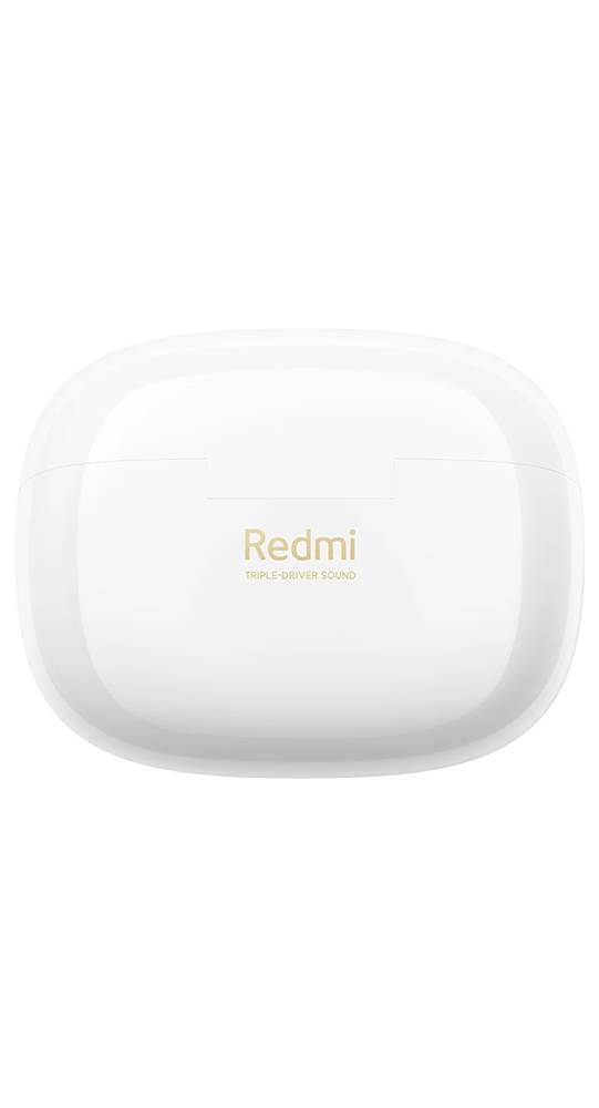 Weiße kabellose Redmi-Ohrhörer mit Ladeetui auf schwarzem Hintergrund, mit zentriertem „Redmi