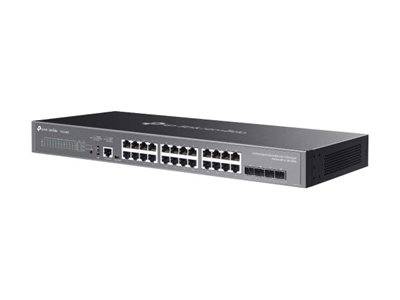 Ein Netzwerk-Switch mit 24 Ethernet-Ports und 4 Glasfasermodulen, verwendet zum Verbinden mehrerer Geräte in einer Netzwerkkonfiguration.