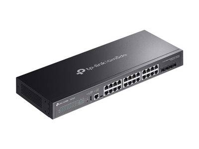 Netzwerk-Switch mit 24 Ethernet-Ports, schwarz, mit dem 'TP-Link' Logo auf der Oberseite. Geeignet für die Verwaltung des Datendatenverkehrs in Netzwerken.