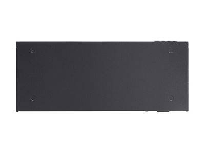 Ein schwarzes rechteckiges Objekt, von oben betrachtet, das eine flache, merkmallose Oberfläche mit vier kleinen kreisförmigen Vertiefungen nahe den Ecken zeigt.