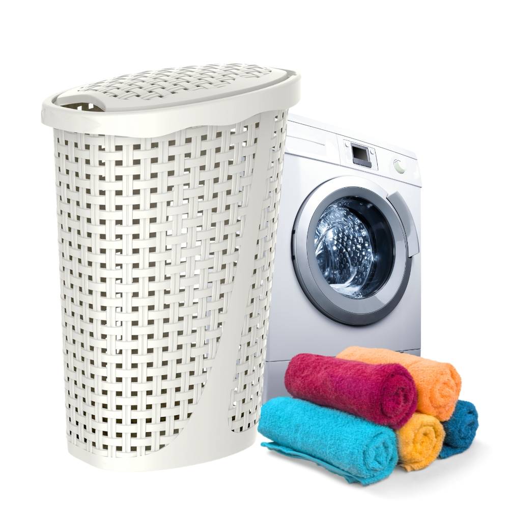 Wäschekorb Wäschesammler Wäschekorb mit Deckel plastik Wäschetonne Wäschetruhe weiß Wäschebox mit Deckel 31 x 40 x 60 cm 43 L Rattan Optik