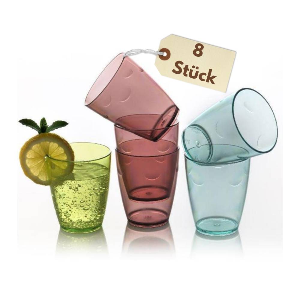 Trinkgläser Set 8er Wassergläser Set Plastik 280 ml Acrylglas Becher Bunte Gläserset Camping Gläser Kunststoff Trinkgläser Kinder
