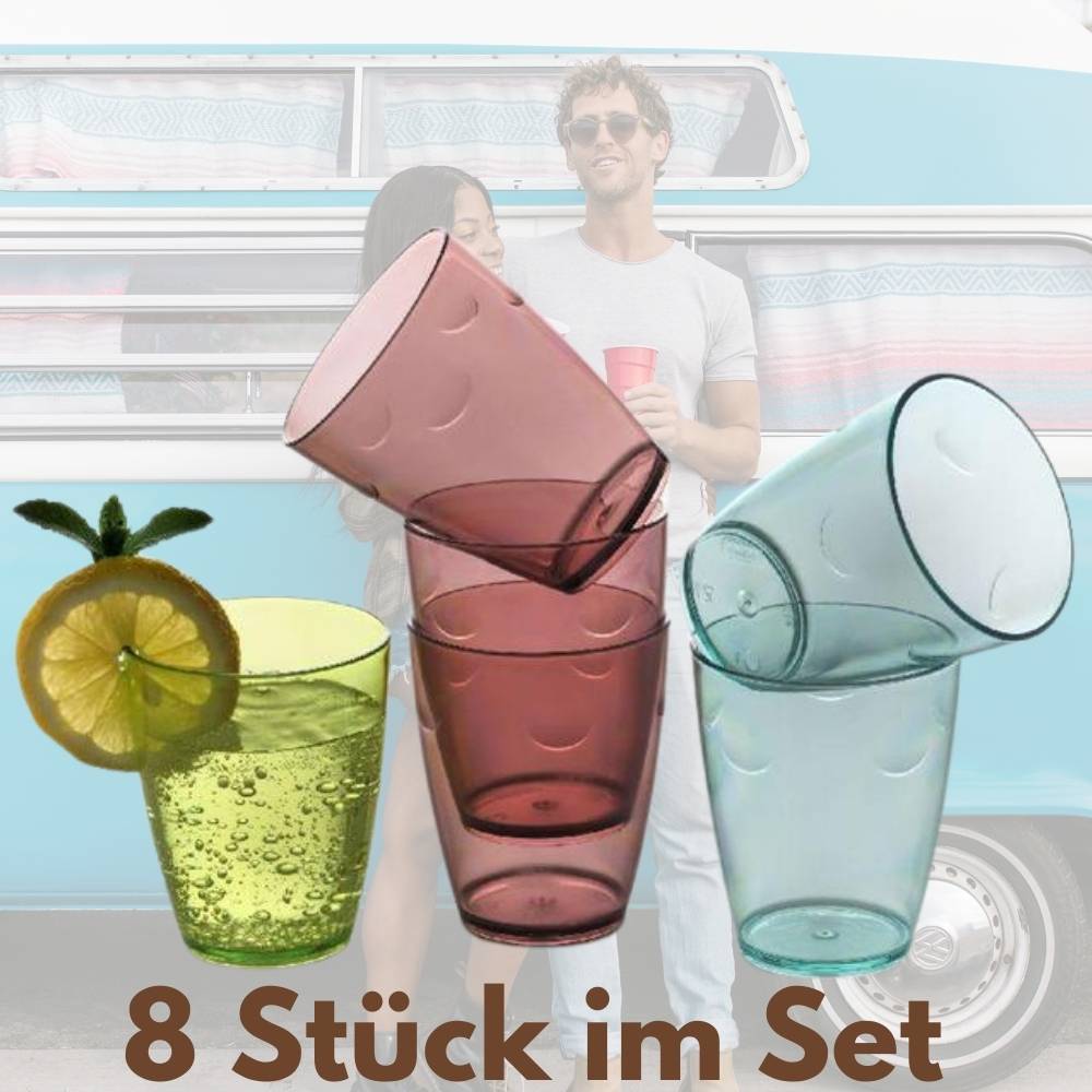 Trinkgläser Set 8er Wassergläser Set Plastik 280 ml Acrylglas Becher Bunte Gläserset Camping Gläser Kunststoff Trinkgläser Kinder
