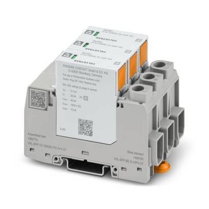 Eine graue Phoenix Contact Elektrokomponente mit QR-Codes und orangefarbenen Details, die für industrielle Automatisierungs- oder Stromverteilungsanwendungen verwendet wird.