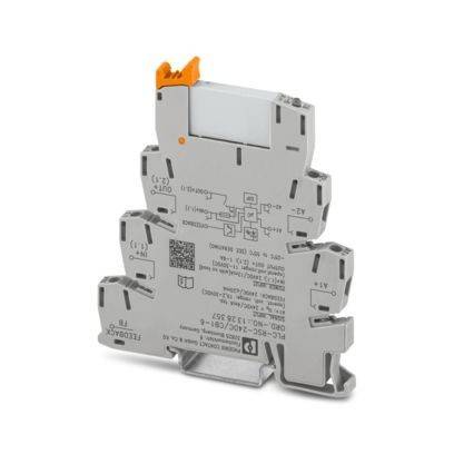 Ein schlankes, graues elektronisches Klemmleisten-Gehäuse mit beschrifteten Anschlüssen und einem QR-Code in der Mitte. Ein orangefarbener Hebel befindet sich oben.