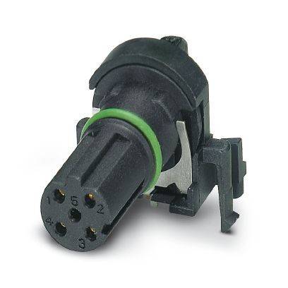Schwarzer 4-poliger elektrischer Stecker mit grünem Dichtungsring und Montageclip, dargestellt auf weißem Hintergrund.