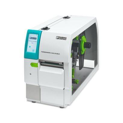 Thermodrucker mit der Bezeichnung 'THERMOMARK E.300 DOUBLE' von Phoenix Contact, mit einem modernen Design, das aus einem Gehäuse in Petrol und Weiß besteht.