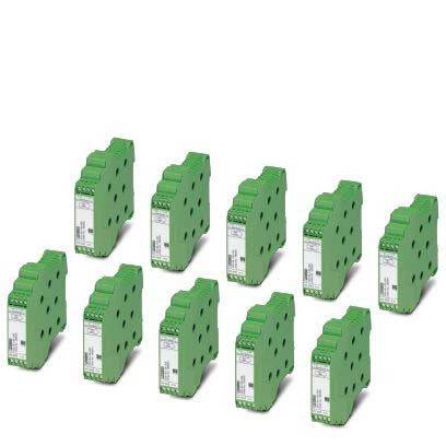 Zehn grüne elektronische Module, angeordnet in zwei Reihen, wobei jedes sichtbare Beschriftungen und Anschlussklemmen an einer Seite aufweist.