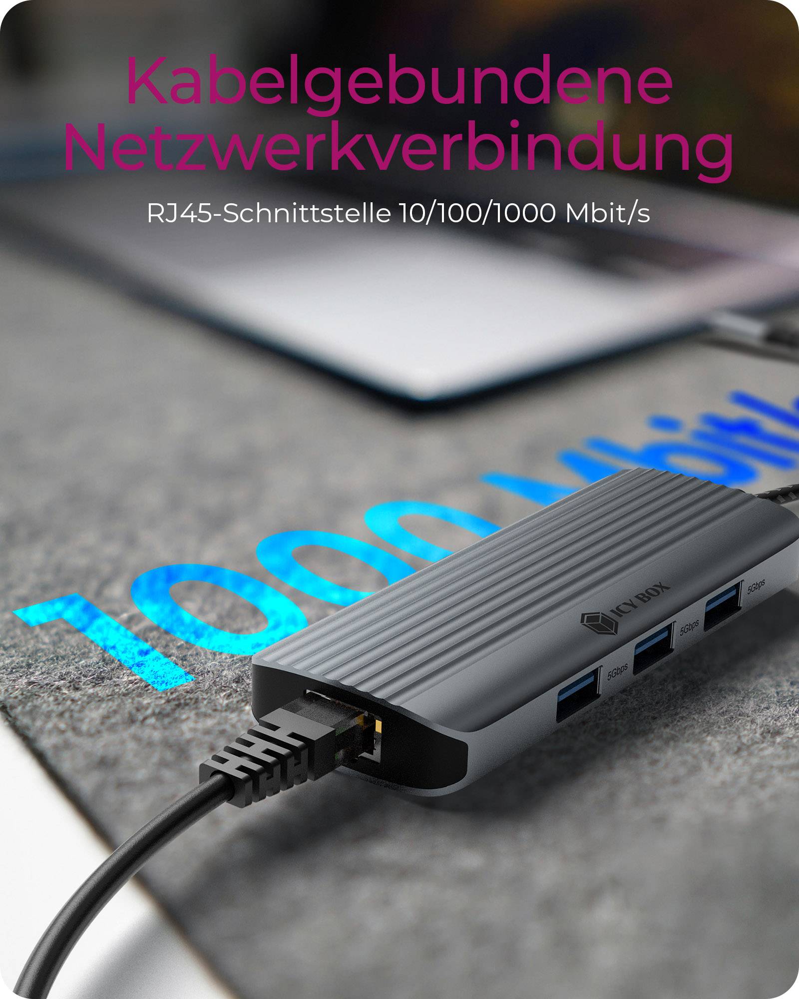 Tragbarer USB-C-Hub mit angeschlossenem Ethernet-Kabel; deutscher Text lautet „Kabelgebundene Netzwerkverbindung
