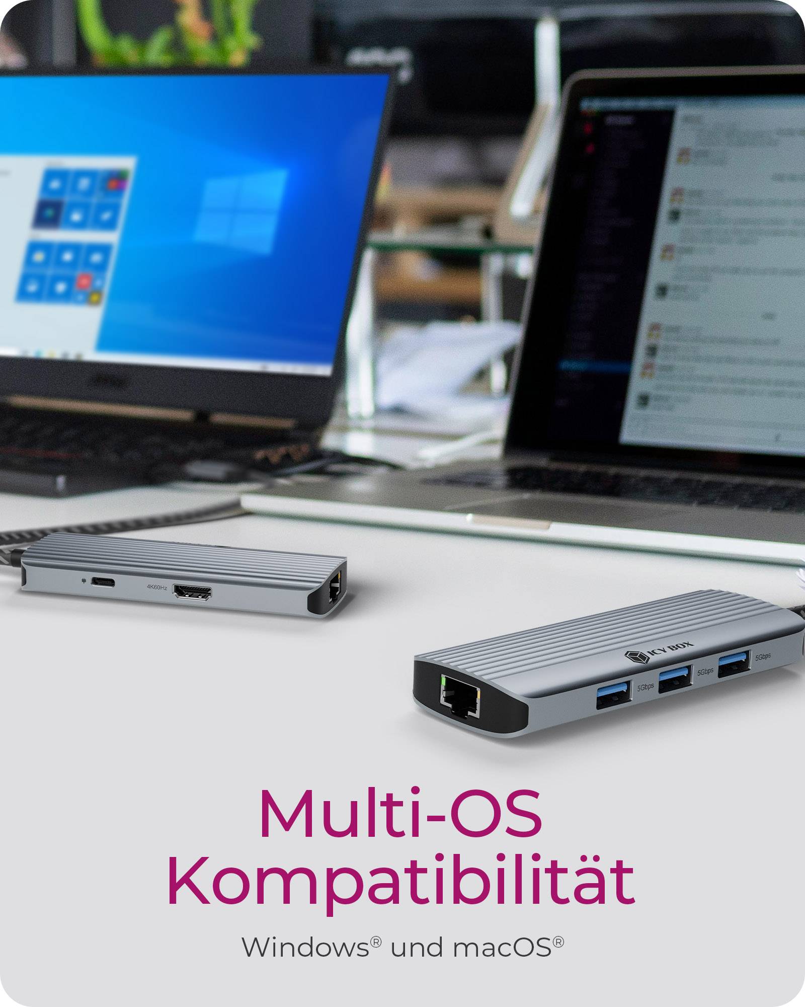 Tragbare Docking-Geräte auf einem Schreibtisch mit Laptops im Hintergrund, mit den Beschriftungen „Multi-OS-Kompatibilität