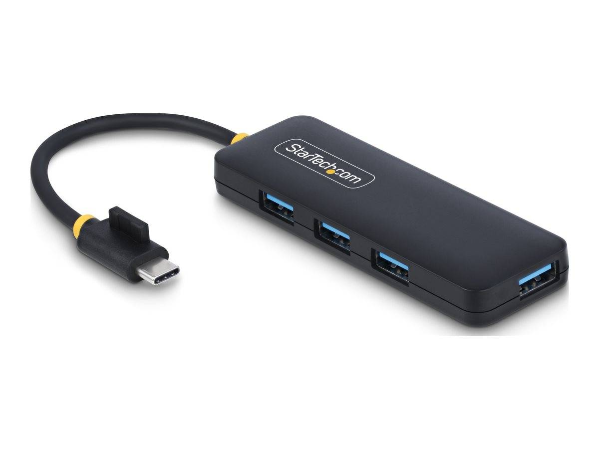 USB-C auf USB-A Hub-Adapter mit vier blauen USB-A-Anschlüssen und einem kurzen angebrachten Kabel, dargestellt auf weißem Hintergrund.
