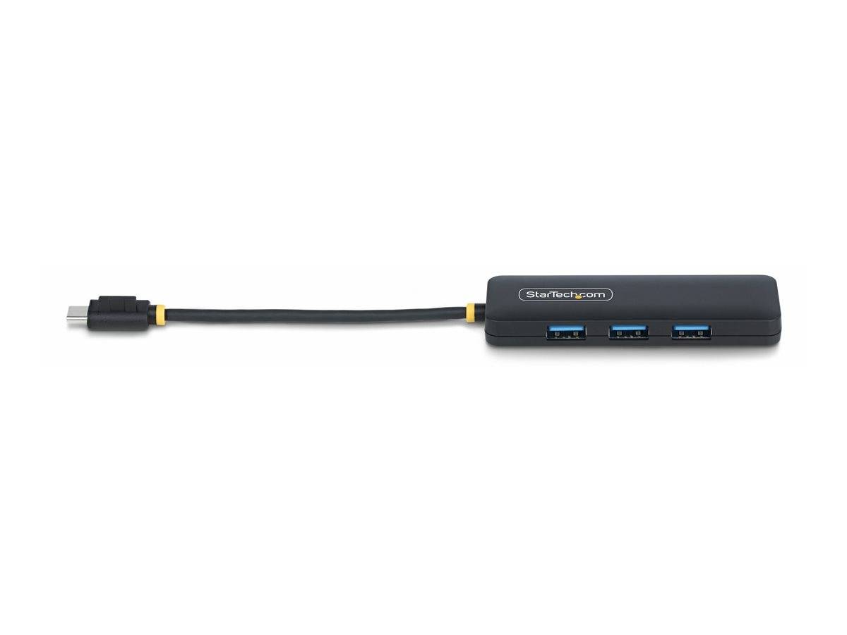 Schwarzer USB-C-zu-USB-A-Hub-Adapter mit drei USB-A-Anschlüssen und einem kurzen angebrachten Kabel auf weißem Hintergrund