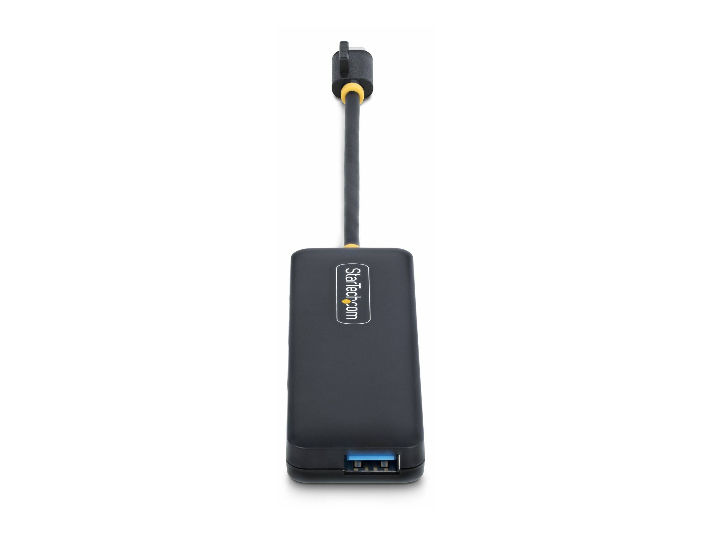 Schwarzer rechteckiger USB-Adapter-Dongle mit kurzem angebrachtem Kabel und blauem USB-Anschluss, gezeigt auf weißem Hintergrund.