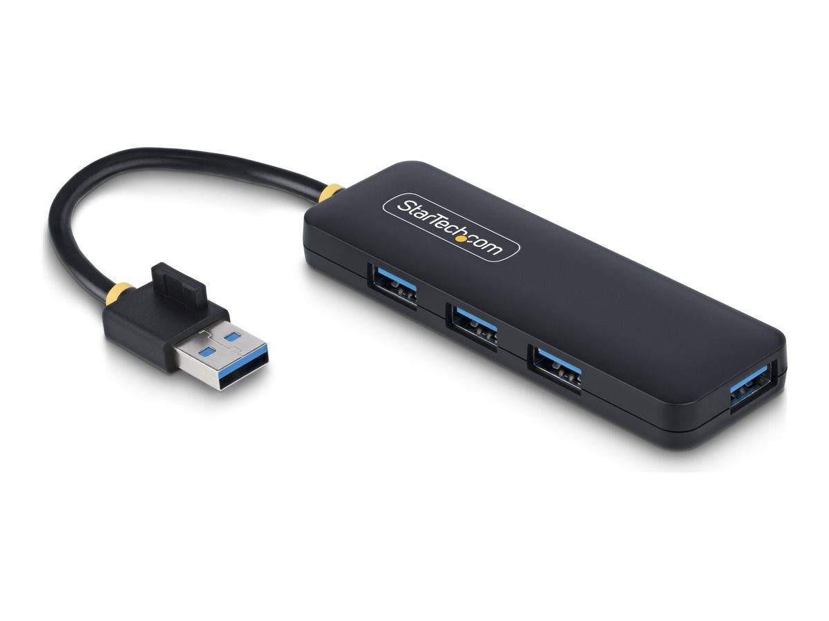 USB 3.0-Hub mit vier Anschlüssen und angeschlossenem kurzem USB-Kabel, dargestellt in Schwarz auf weißem Hintergrund.