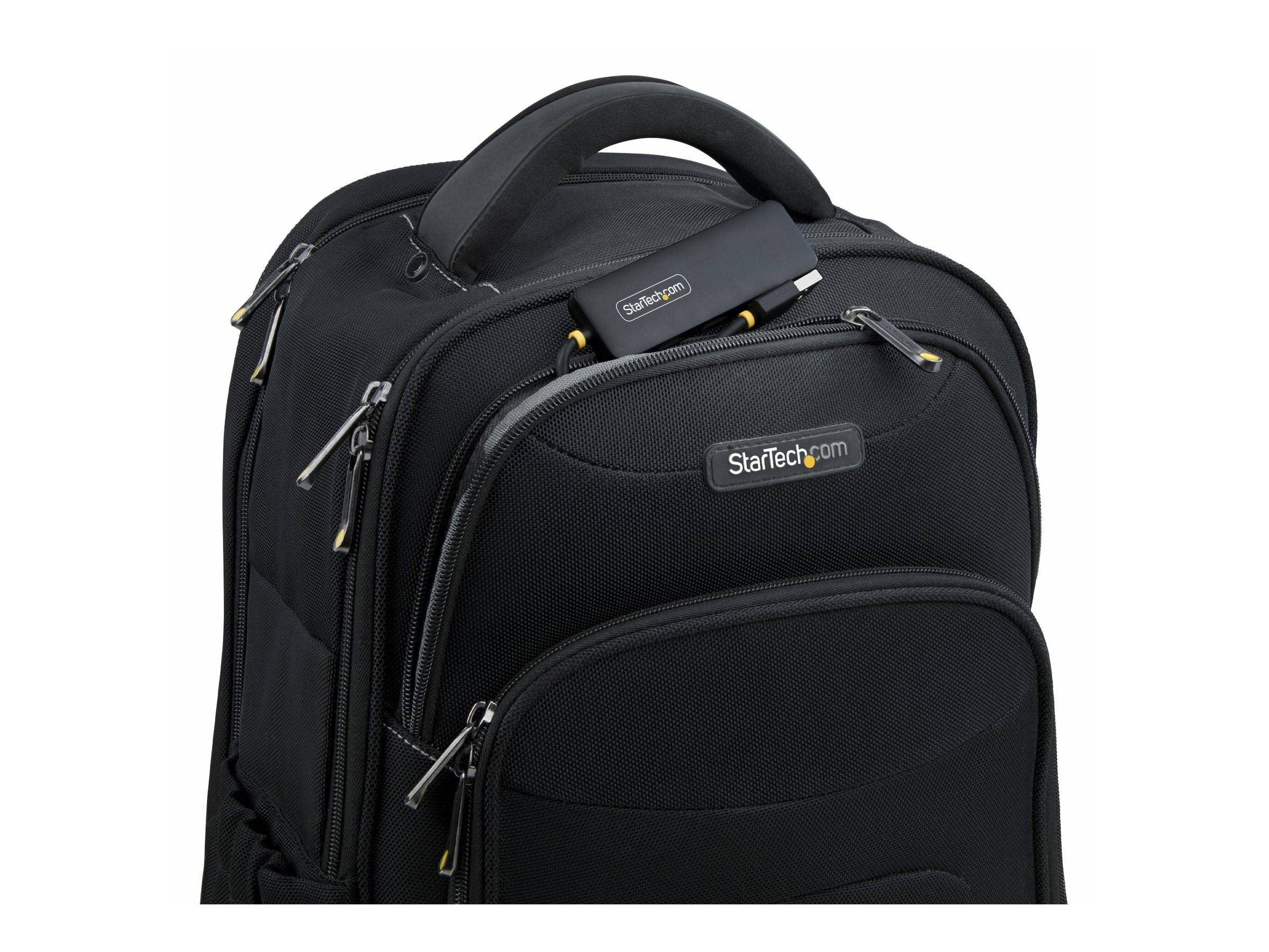 Black StarTech.com-Rucksack mit gepolstertem Griff und mehreren Reißverschlussfächern, vor weißem Hintergrund dargestellt.