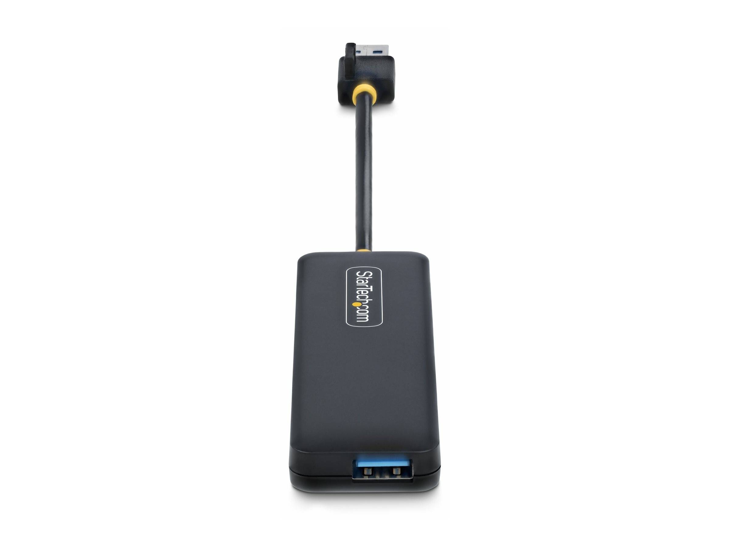 Black StarTech USB-Gerätadapter mit angeschlossenem Kabel auf weißem Hintergrund.