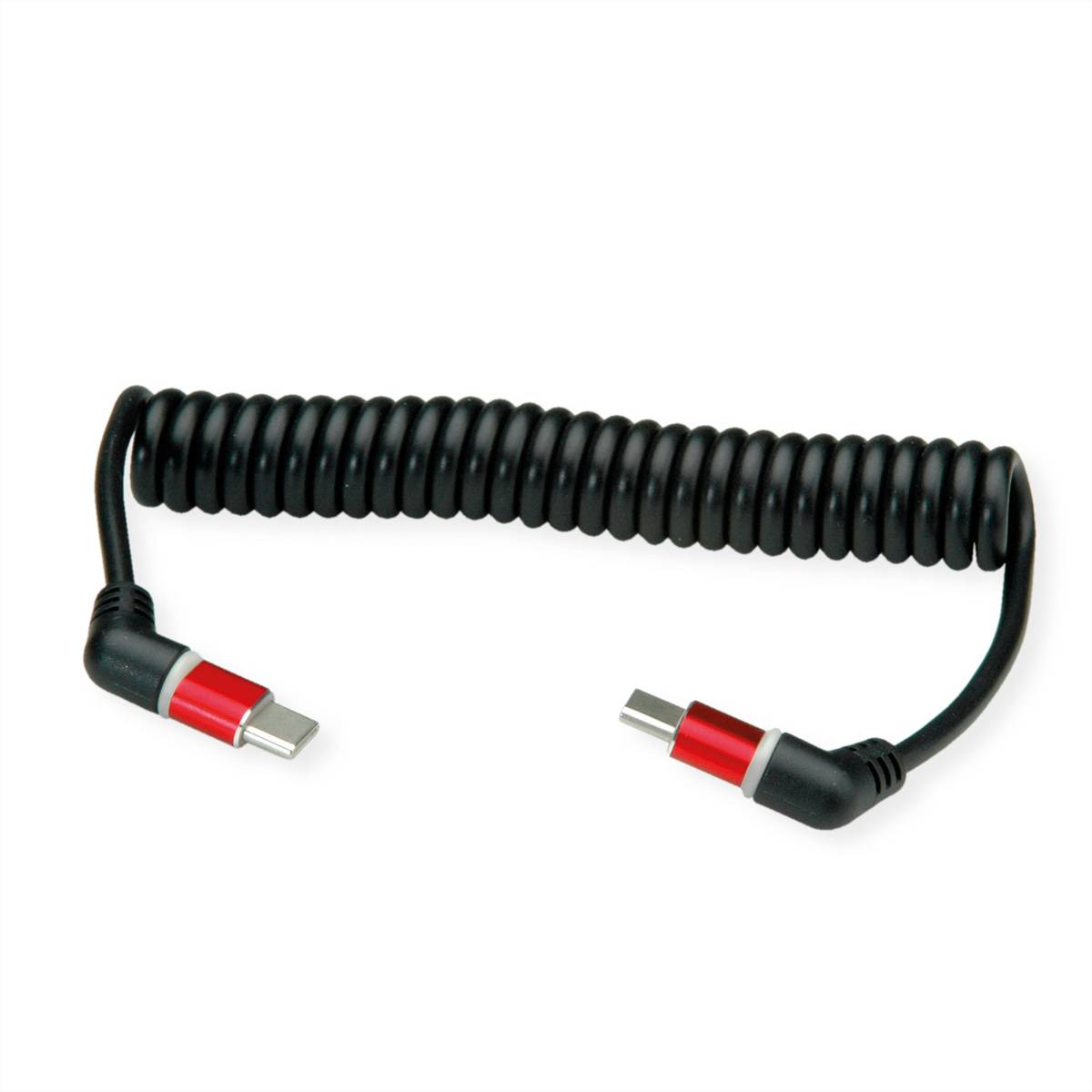 ROLINE USB 2.0 Kabel, Typ C - C, ST/ST, 360° Rotation, 60W, Spiralkabel, schwarz / rot, 1,5 m