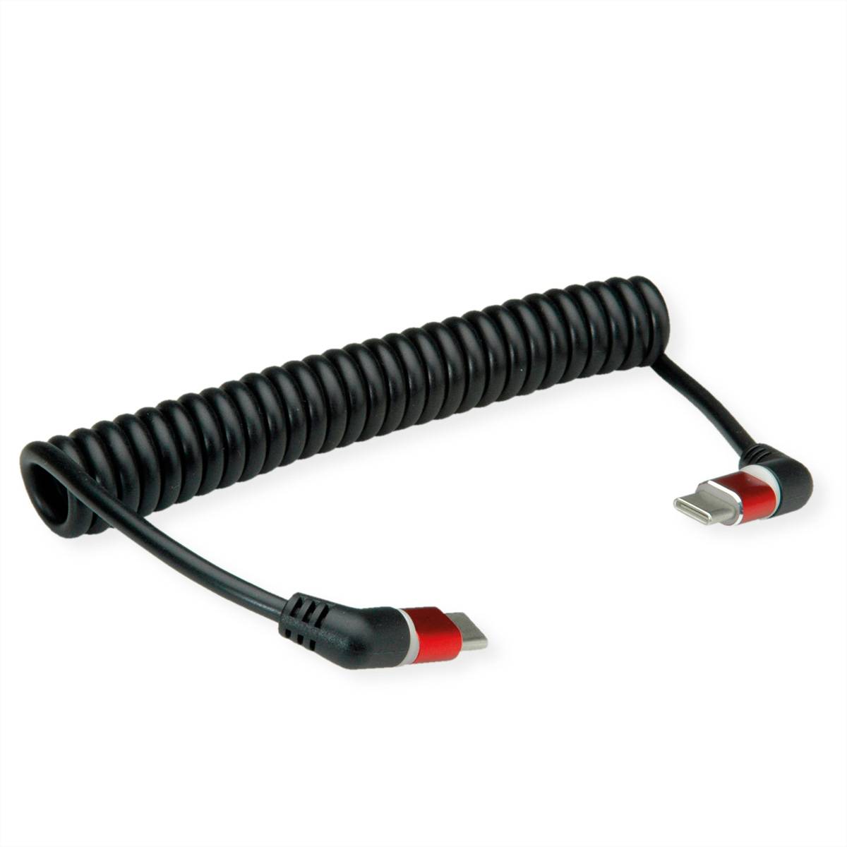 ROLINE USB 2.0 Kabel, Typ C - C, ST/ST, 360° Rotation, 60W, Spiralkabel, schwarz / rot, 1,5 m