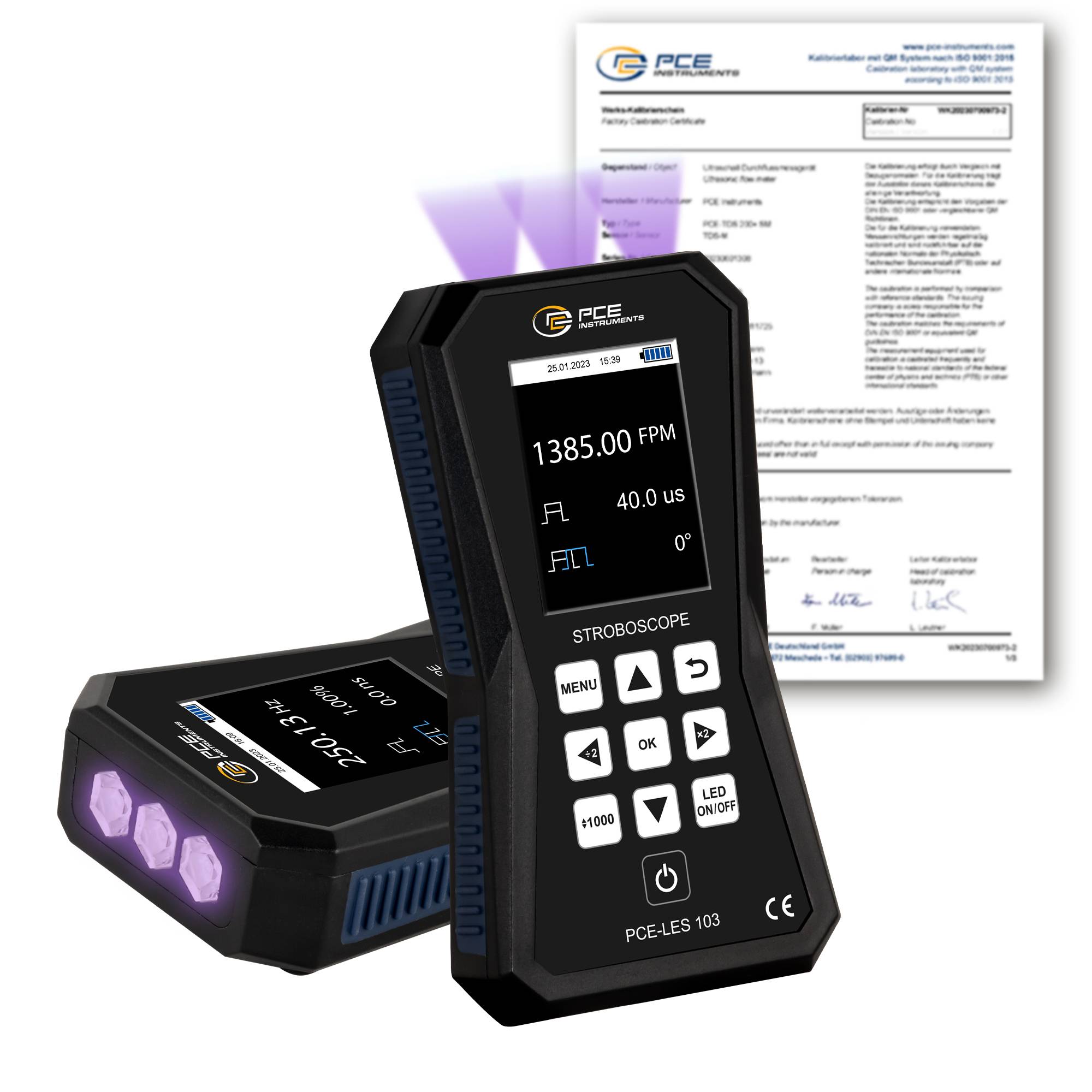 PCE Instruments Stroboskop PCE-LES 103UV-385-ICA inkl. ISO-Zertifikat |Blitzfrequenz 60 … 300000 FPM |Pocket Size |IP52