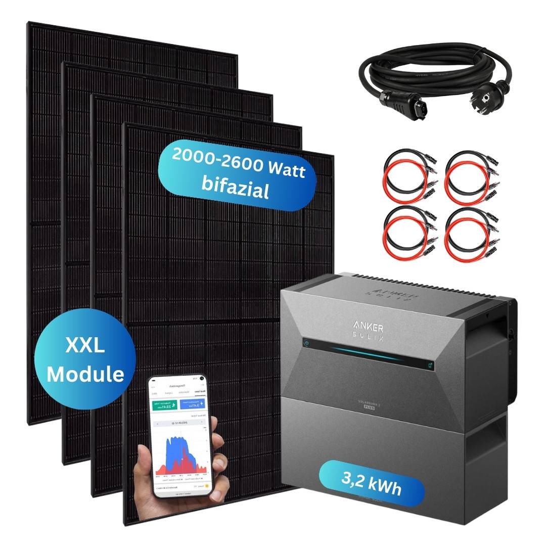 MYVOLTAICS Balkonkraftwerk 2000+ Watt mit Speicher Anker Solarbank 2 Pro (3,2 kWh), Steckerfertig - einstecken. fertig. ohne Aufständerung