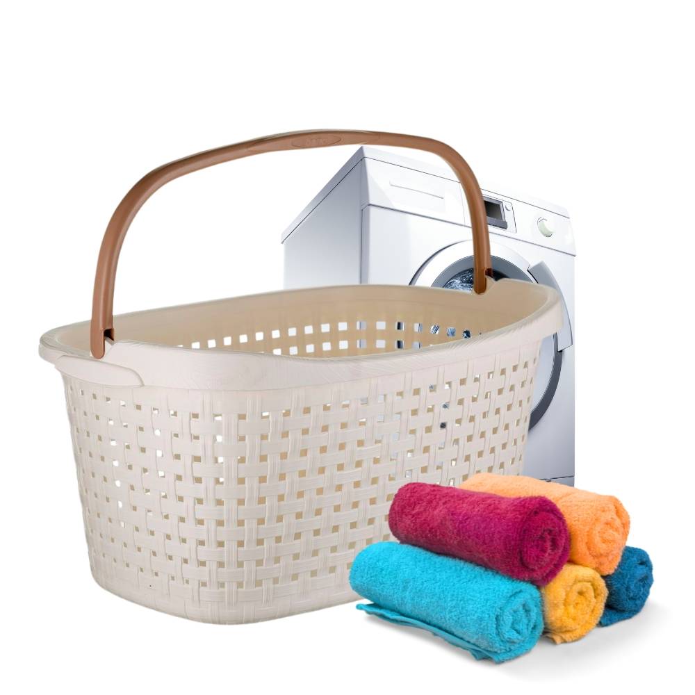 Wäschekorb mit Henkel 40 L Wäschewanne mit Henkel geflochten Wäsche Korb Wäschebox Wanne Wäschesammler Modern Rattan Optik Waschkorb