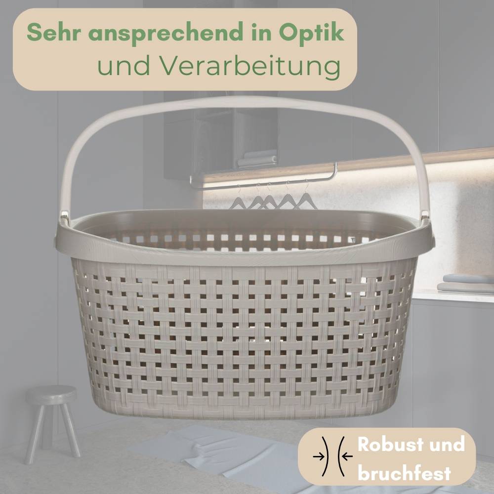 Wäschekorb mit Henkel 40 L Wäschewanne mit Henkel geflochten Wäsche Korb Wäschebox Wanne Wäschesammler Modern Rattan Optik Waschkorb