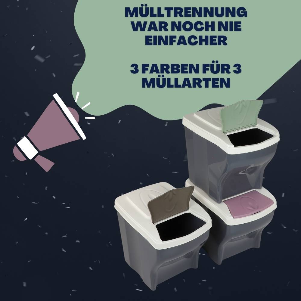 Mülltrennsystem Küche 3 Fach Freistehend Stapelbar Küche Schrank 60er Unterschrank 3 x 20 L Mülleimer Abfalleimer Mülltrenner Müllsortierer