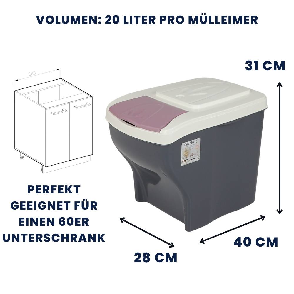 Mülltrennsystem Küche 3 Fach Freistehend Stapelbar Küche Schrank 60er Unterschrank 3 x 20 L Mülleimer Abfalleimer Mülltrenner Müllsortierer
