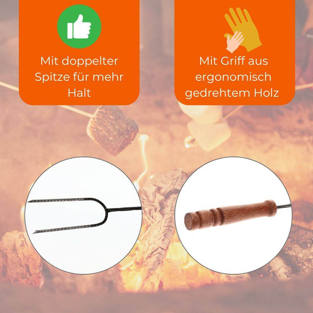 Grillspieß Lagerfeuer 100cm lang 10 Stück im Set Lagerfeuerspieße Wurstspieße extra langer BBQ Spieß für Feuerschale Holzgriff Grillgut Brot Mar