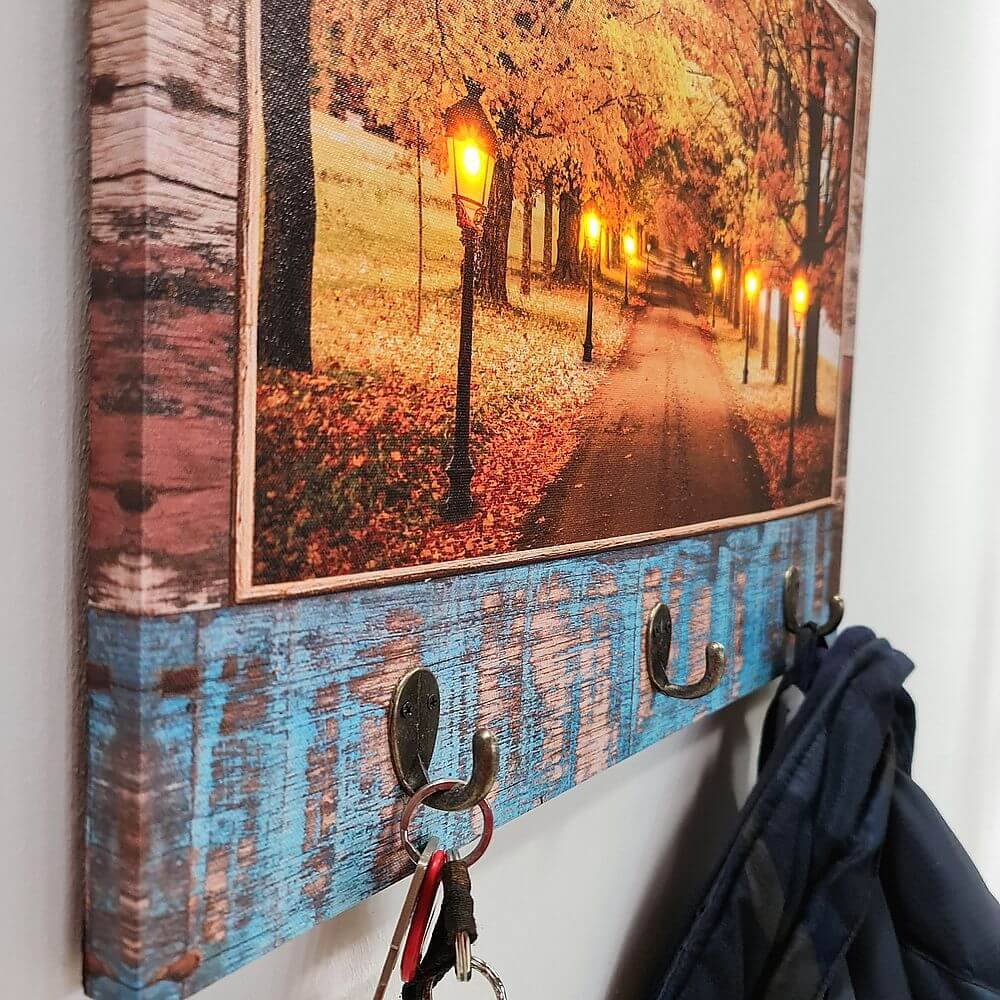 LED Schlüsselboard Holz Schlüsselleiste Flur Leinwand Schlüsselbrett Schlüsselhalter Garderobe