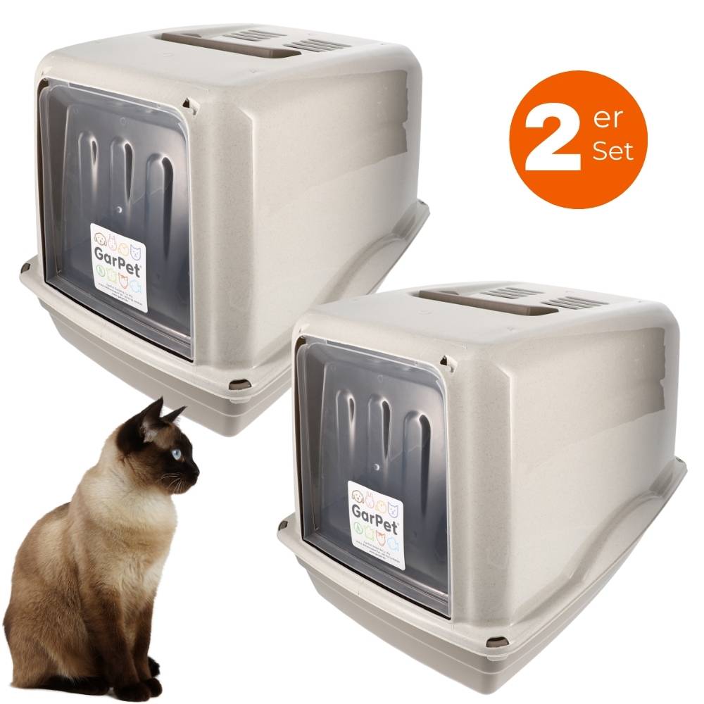 2x Katzenklo mit Deckel XXL Katzentoilette große Katzen Klo WC Haubentoilette grau inkl. Aktivkohlefilter Doppelpack Sparpaket