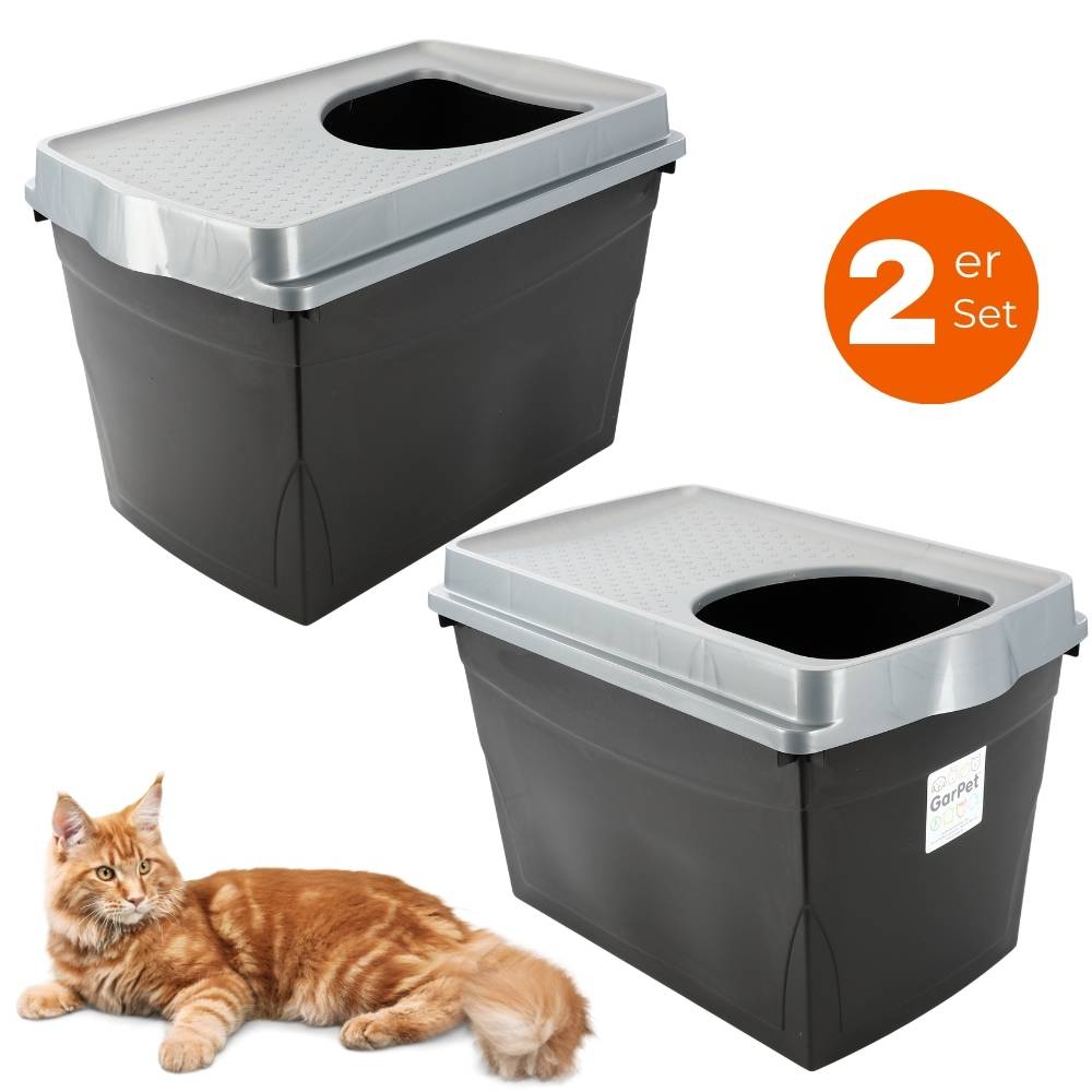 2x Hop In Katzenklo oben einstieg Katzentoilette geschlossen Top Entry Jump-In XXL Haubentoilette Groß Katzen Klo schwarz Doppelpack Sparpaket