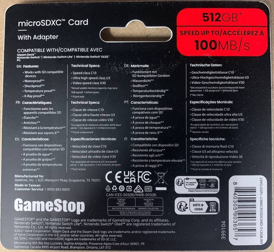 Gamestop microSDXC 512GB Speicherkarte Kamera Drohne Handy