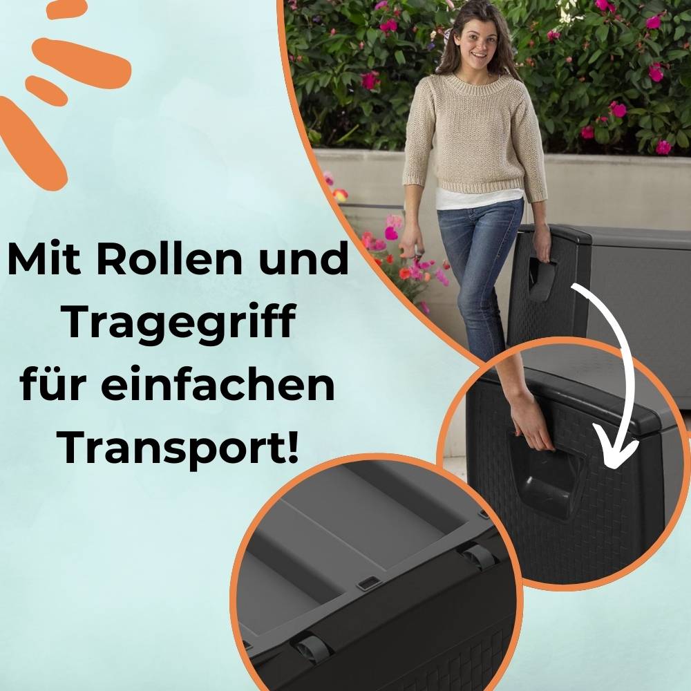 Gartenbox Auflagenbox Wasserdicht Box für Gartenauflagen Aufbewahrungsbox Garten Kissenbox Outdoor XXL Gartentruhe Wetterfest mit Rollen 430 L grau