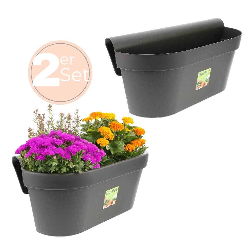 2x Geländerkasten Balkon mit Wasserspeicher Blumentopf Zaun Blumenkasten Geländer Balkontopf Balkonkasten Anthrazit