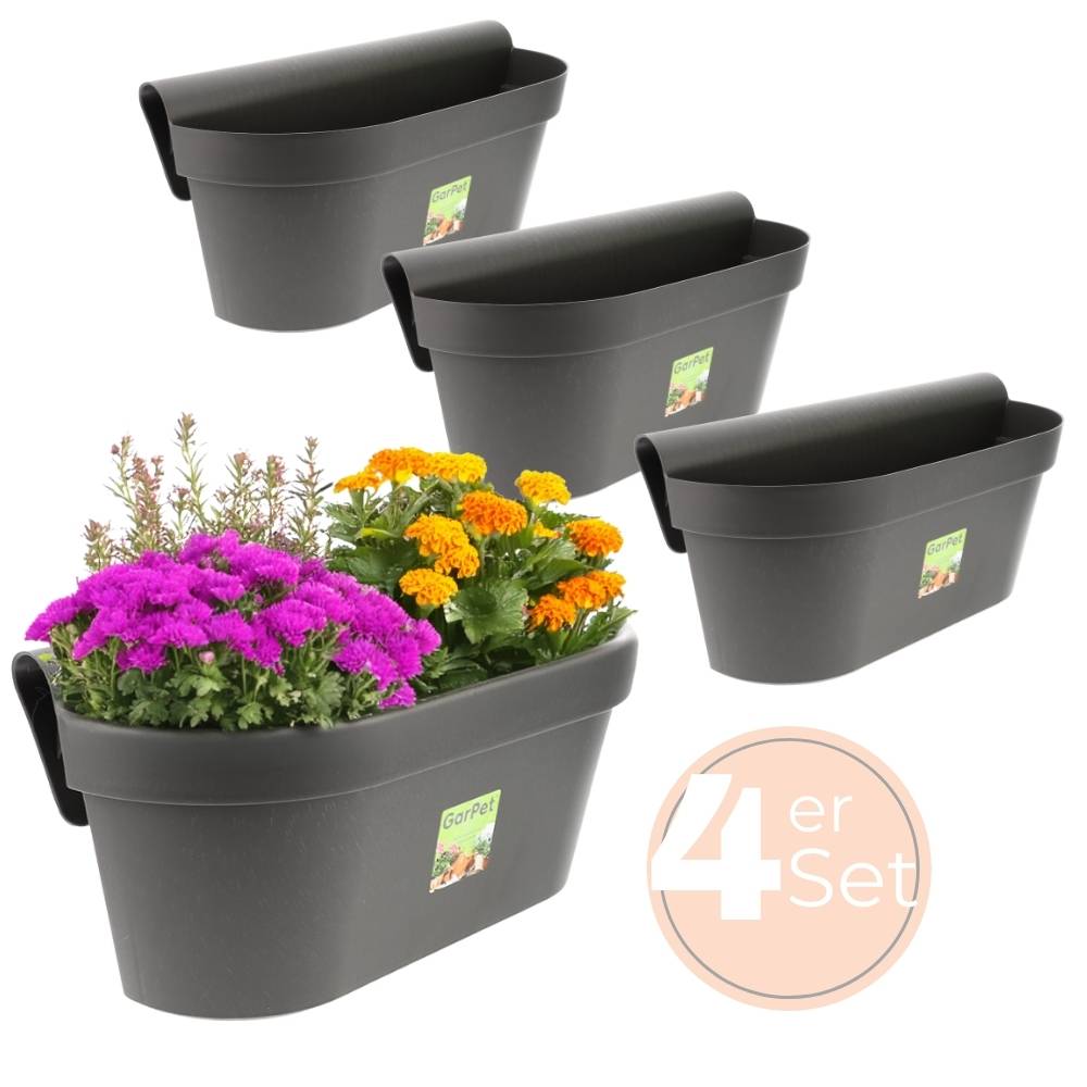 4x Geländerkasten Balkon mit Wasserspeicher Blumentopf Zaun Blumenkasten Geländer Balkontopf Balkonkasten Anthrazit