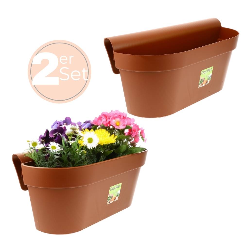 2x Geländerkasten Balkon mit Wasserspeicher Blumentopf Zaun Blumenkasten Geländer Balkontopf Balkonkasten Terracotta