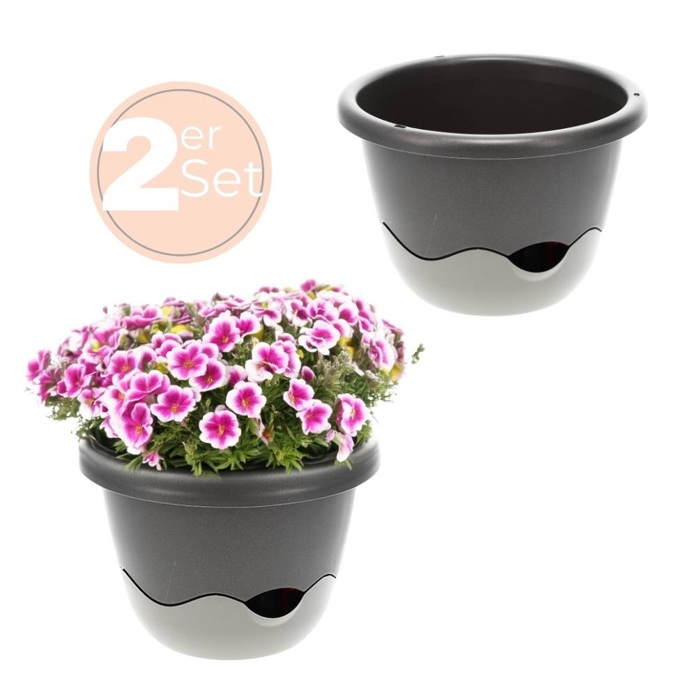 2x Blumentopf zum hängen Outdoor mit Wasserspeicher Hängeampel Blumenampel Kette Hängeblumentopf 25 cm Anthrazit